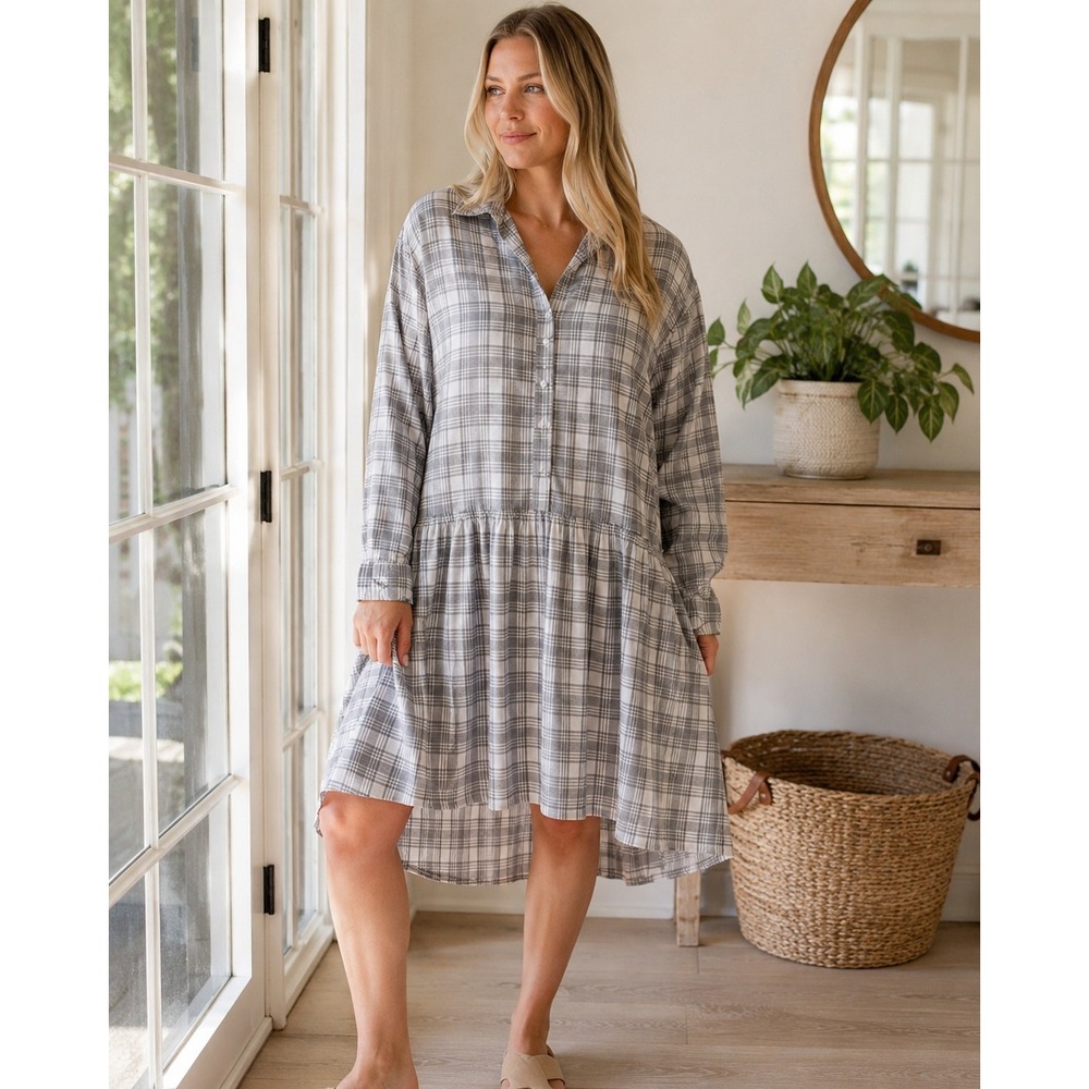 Grayson Gray White Plaid Flannel Babydoll Shirtdress Long Sleeve Size 03 L